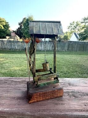 Vintage 1970 Metal Wishing Well Sculpture Made in Hong Kong Retro Folk Art Decor